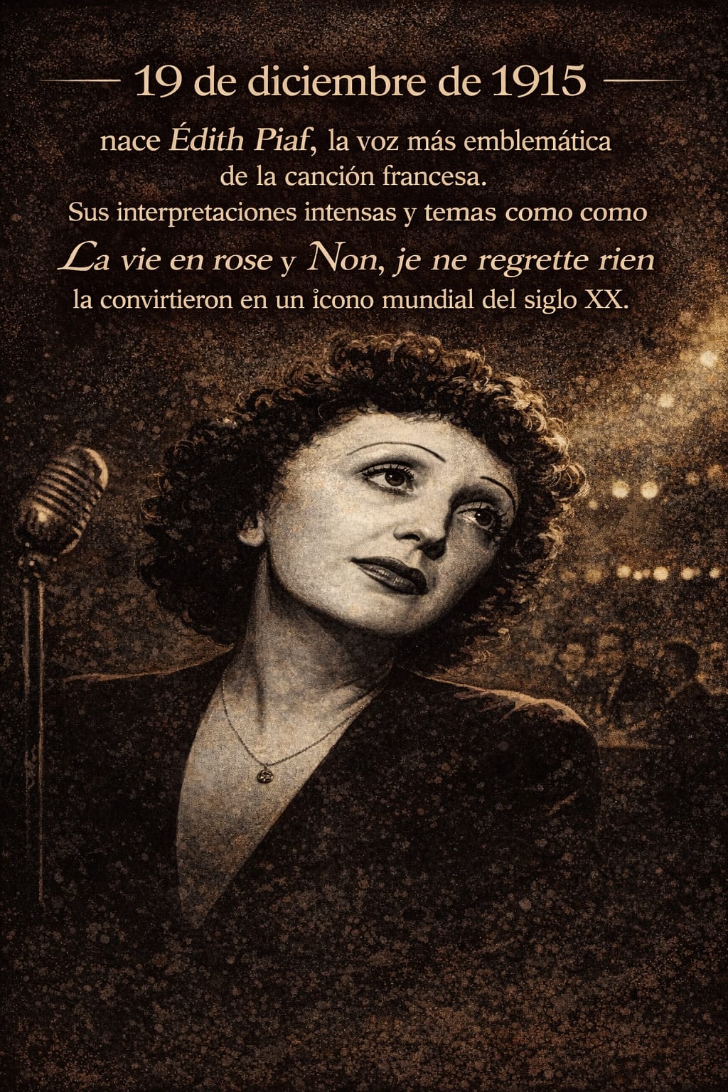 Retrato artístico de Édith Piaf, nacida el 19 de diciembre de 1915, ícono de la canción francesa.