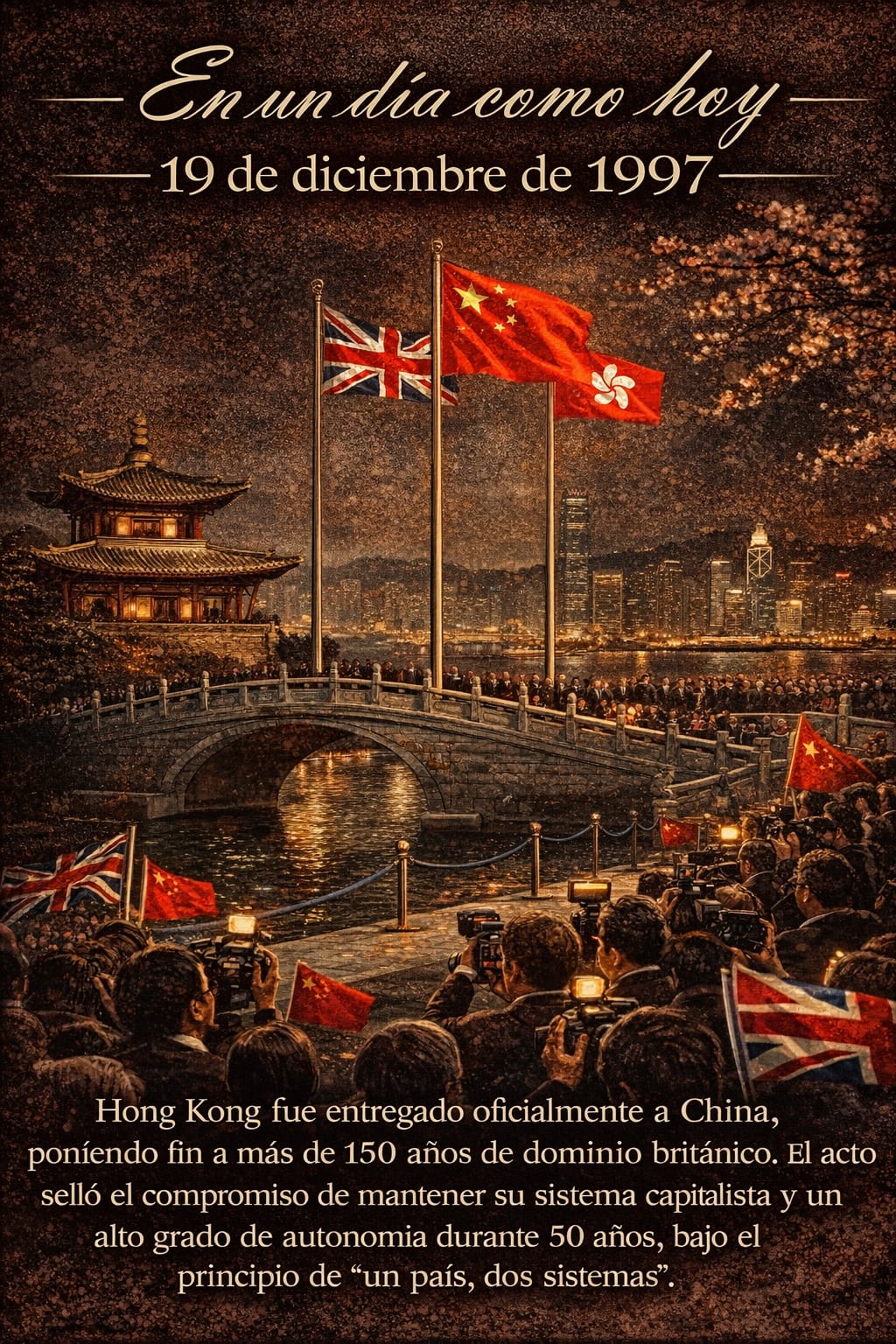 Ceremonia de entrega de Hong Kong a China el 19 de diciembre de 1997, fin del dominio británico.