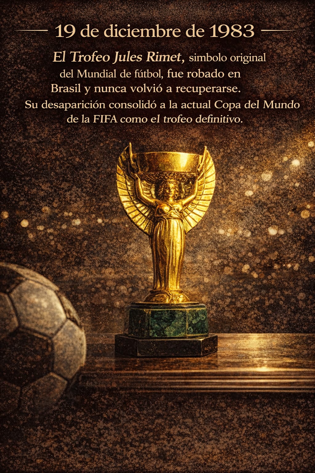 Trofeo Jules Rimet, copa original del Mundial de fútbol, robado en Brasil en 1983.