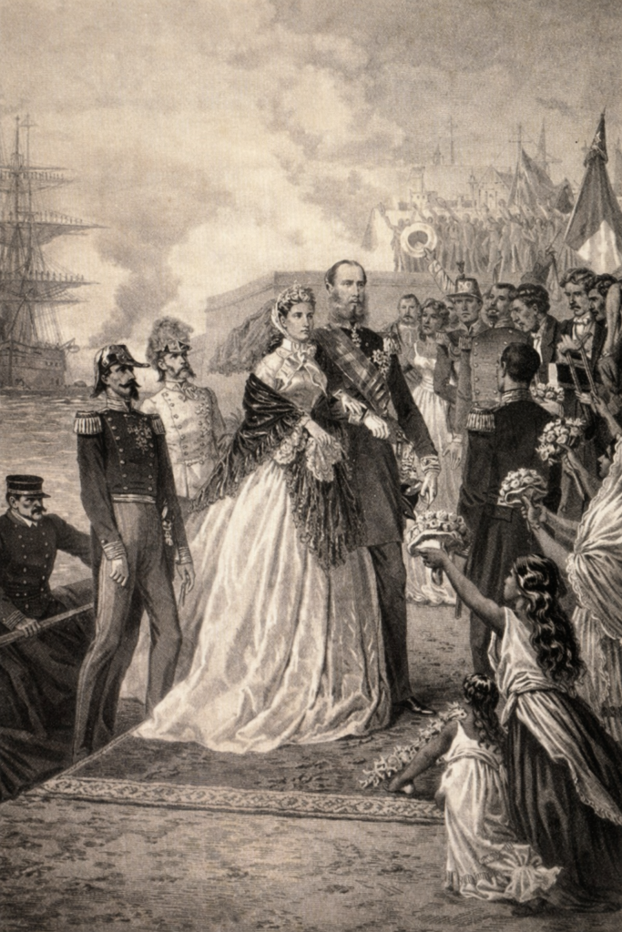 Ilustración histórica de la llegada de Maximiliano y Carlota a México durante el Segundo Imperio Mexicano.