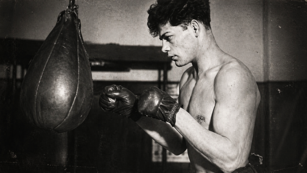 Imagen histórica de un boxeador entrenando, utilizada para ilustrar la juventud y la carrera deportiva de Johann Trollmann.