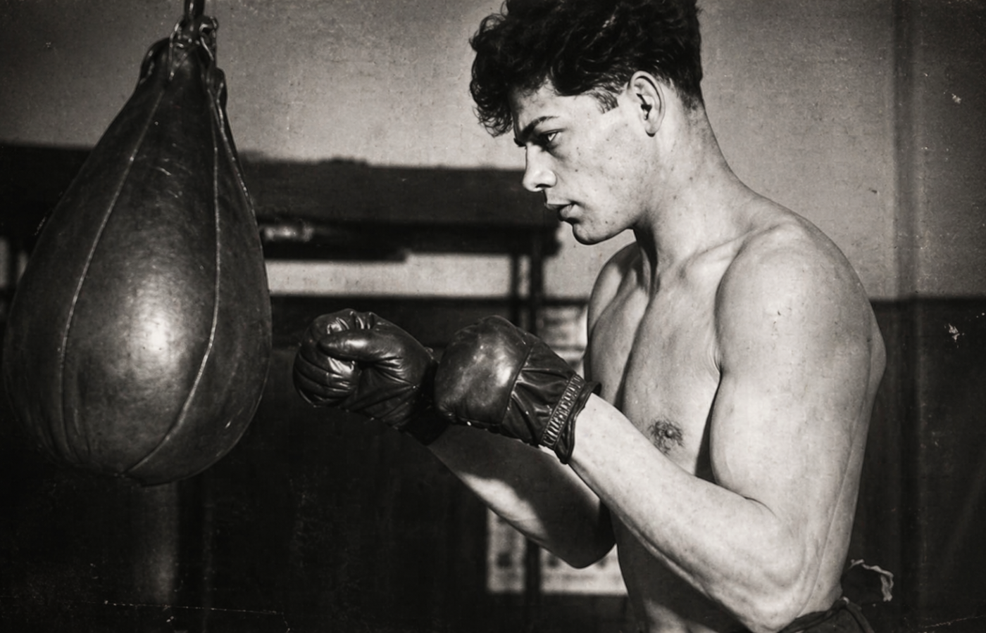 Imagen histórica de un boxeador entrenando, utilizada para ilustrar la juventud y la carrera deportiva de Johann Trollmann.
