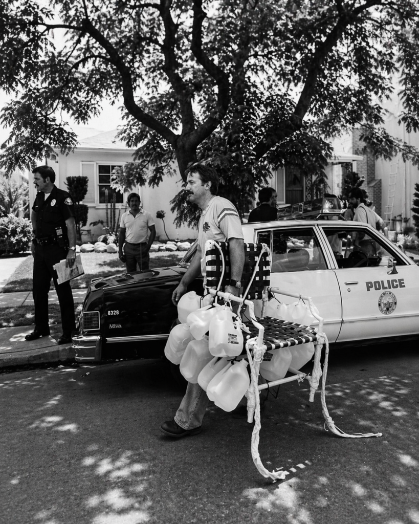 Fotografía histórica de Larry Walters junto a su silla voladora tras el famoso vuelo de 1982.