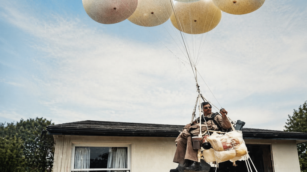 Fotografía de Larry Walters flotando en una silla de jardín sostenida por globos durante su vuelo de 1982