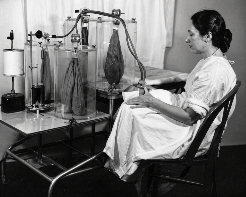 Fotografía histórica de una médica atendiendo equipo respiratorio neonatal en una sala hospitalaria.