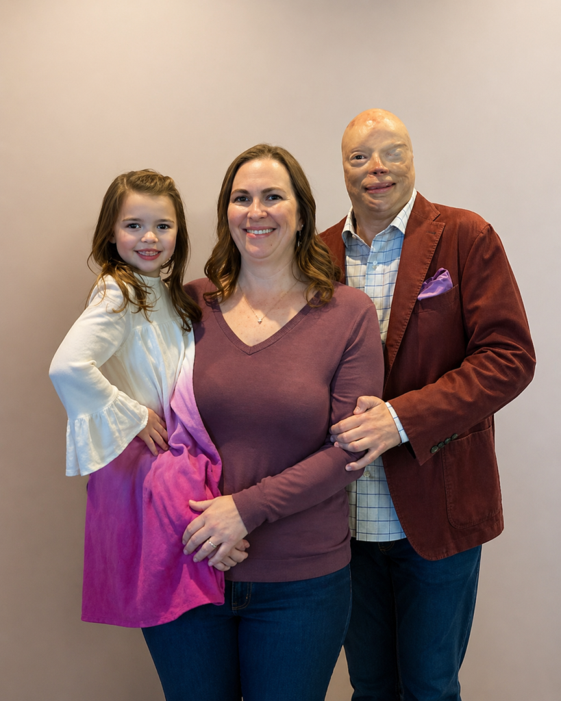 Joe Kinan con su esposa e hija en una fotografía familiar tomada años después del incendio de The Station.