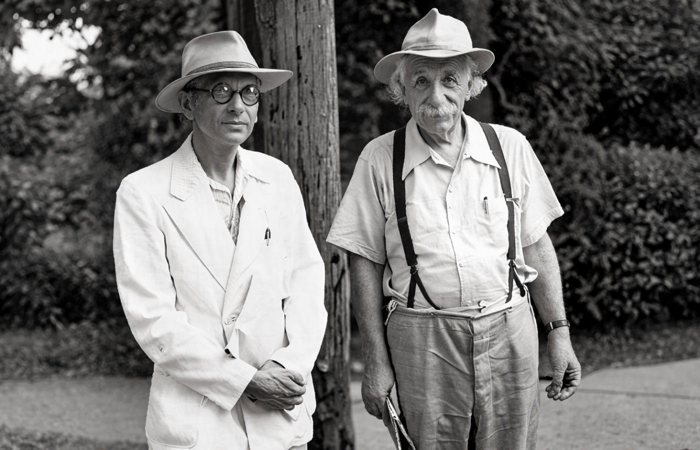 Fotografía en blanco y negro de dos intelectuales al aire libre, utilizada para ilustrar la amistad de Kurt Gödel en Princeton.