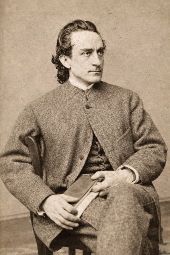 Retrato histórico de Edwin Booth, actor estadounidense del siglo XIX reconocido por sus interpretaciones de Shakespeare.