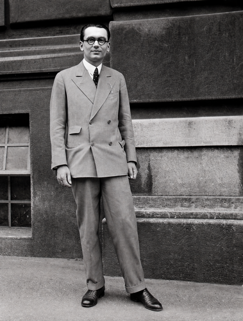 Fotografía histórica en blanco y negro de un joven con traje claro y gafas redondas, utilizada en el artículo sobre Kurt Gödel.