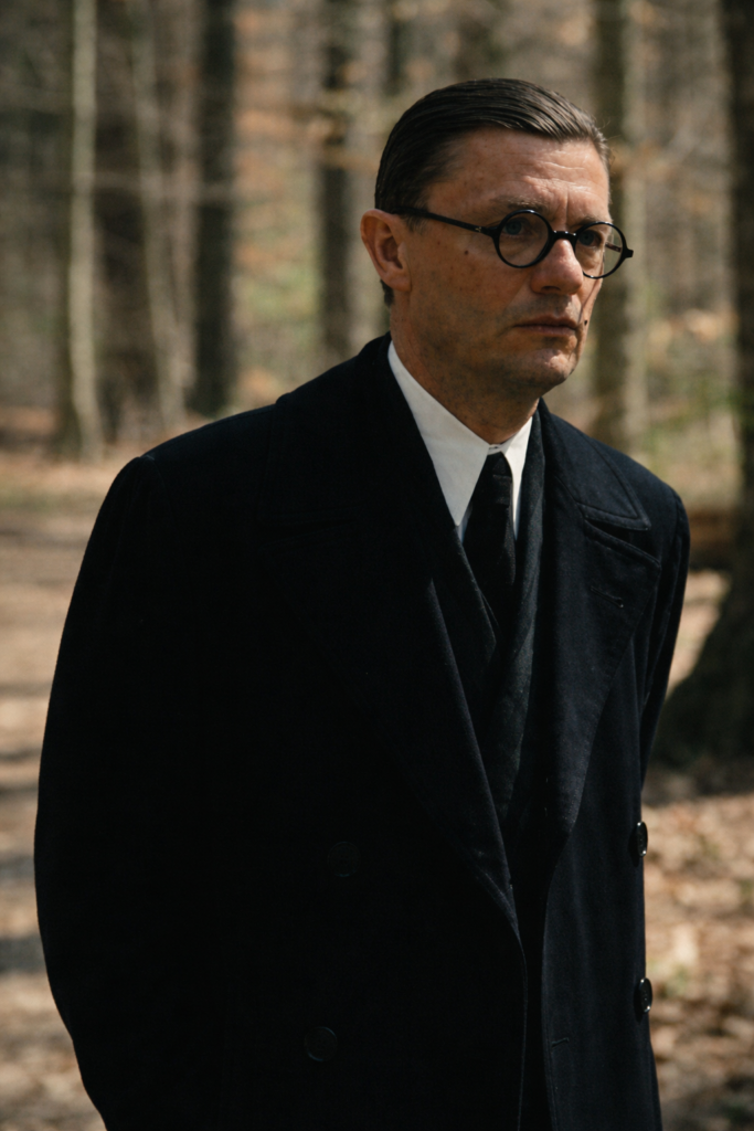 : Retrato ilustrativo de un hombre con gafas redondas y abrigo oscuro en un bosque, usado para representar la etapa final de Kurt Gödel.