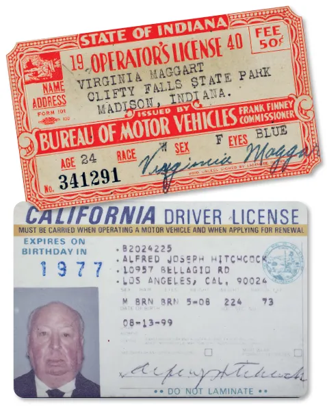Una licencia de Indiana en papel normal, 1940, y una licencia de California perteneciente a Alfred Hitchcock.