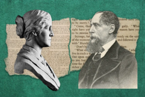 Illustrazione di Louisa May Alcott e Charles Dickens davanti alle rispettive storie di Natale