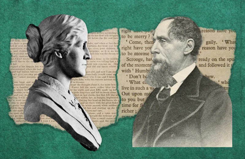 Illustrazione di Louisa May Alcott e Charles Dickens davanti alle rispettive storie di Natale