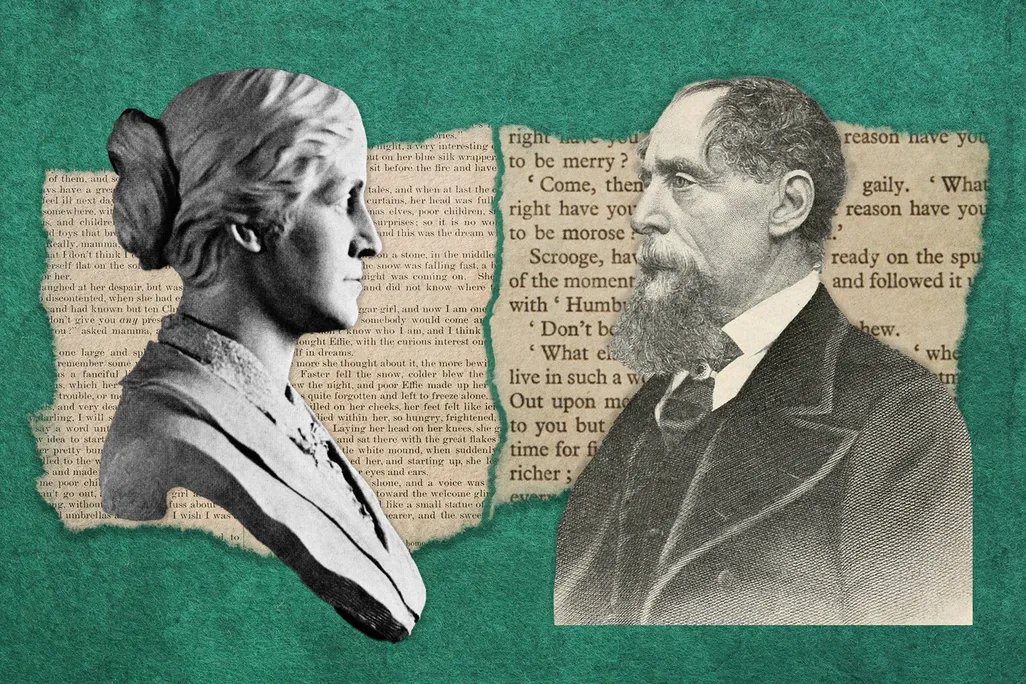 Illustrazione di Louisa May Alcott e Charles Dickens davanti alle rispettive storie di Natale