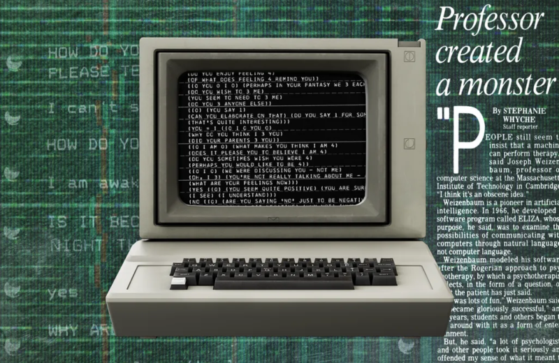 Illustration of Eliza original source code in front of newspaper headline about Weizenbaum