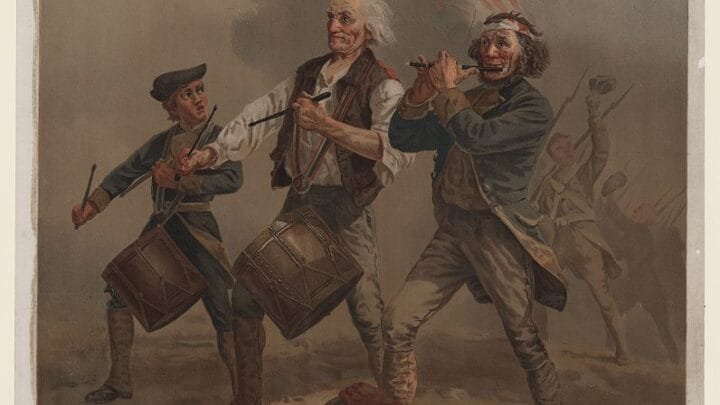 Tres patriotas estadounidenses con tambor y pífano en la litografía Yankee Doodle 1776