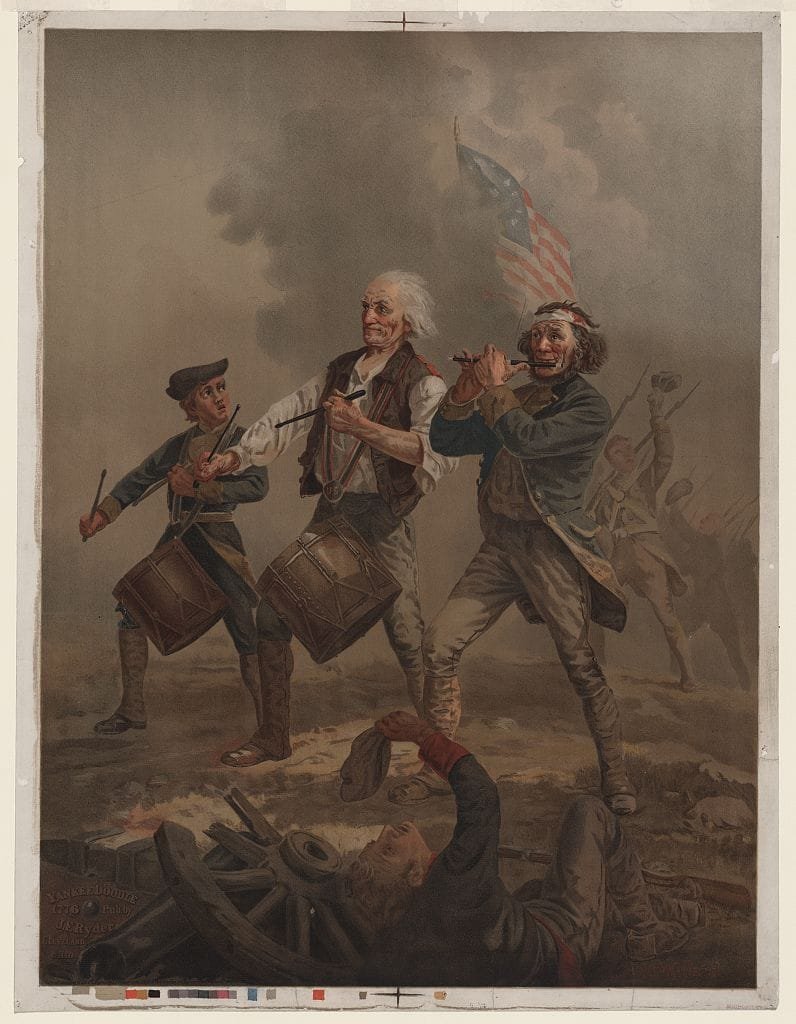 Tres patriotas estadounidenses con tambor y pífano en la litografía Yankee Doodle 1776