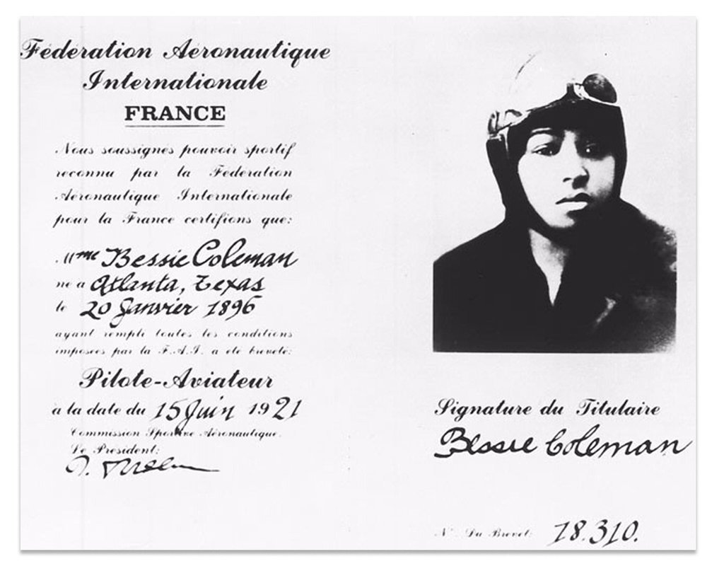 Licencia francesa de Bessie Coleman: certificación fechada el 15 de junio de 1921, retrato, firma y datos personales con una fecha de nacimiento discrepante.