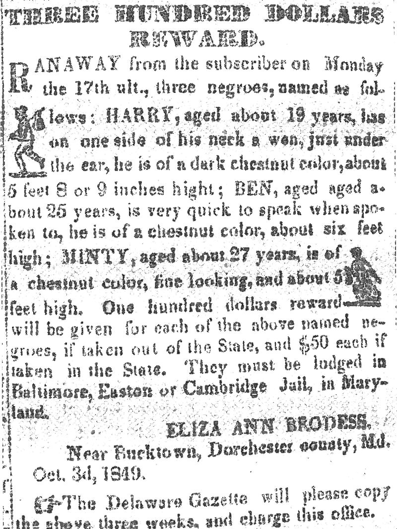 Anuncio de recompensa relacionado con la persecución de Harriet Tubman en 1849