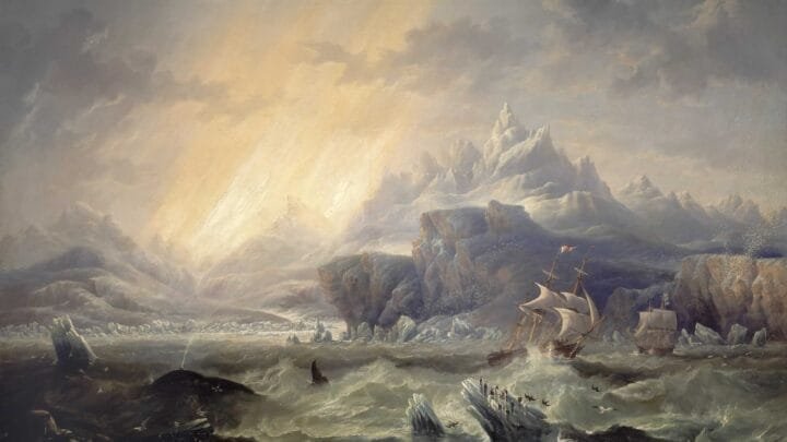 Pintura de los barcos HMS Erebus y HMS Terror entre hielos antárticos