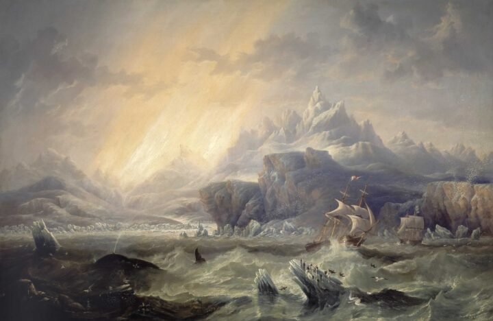 Pintura de los barcos HMS Erebus y HMS Terror entre hielos antárticos