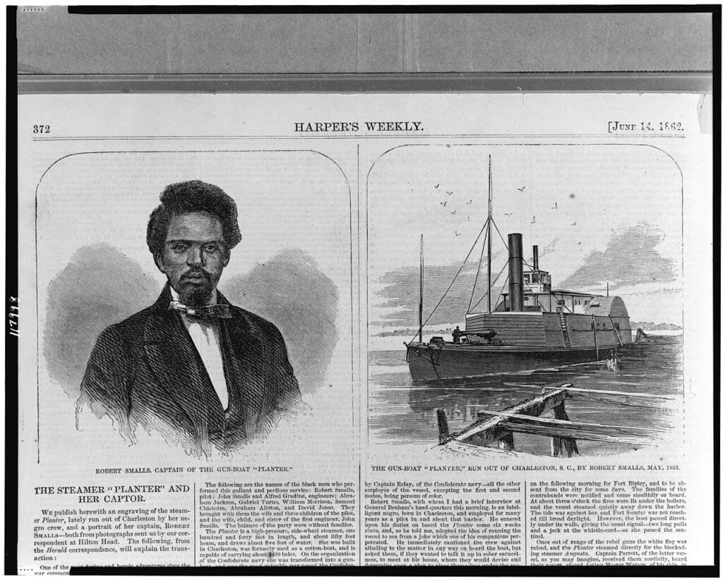Dos grabados publicados en 1862: retrato de Robert Smalls y vista del vapor Planter.
