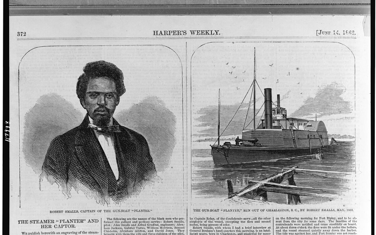 Dos grabados publicados en 1862: retrato de Robert Smalls y vista del vapor Planter.