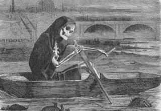 Caricatura de la muerte navegando por el Támesis contaminado durante el Gran Hedor de 1858