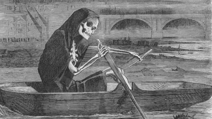 Caricatura de la muerte navegando por el Támesis contaminado durante el Gran Hedor de 1858
