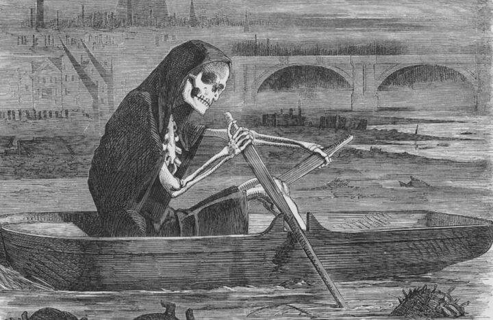 Caricatura de la muerte navegando por el Támesis contaminado durante el Gran Hedor de 1858