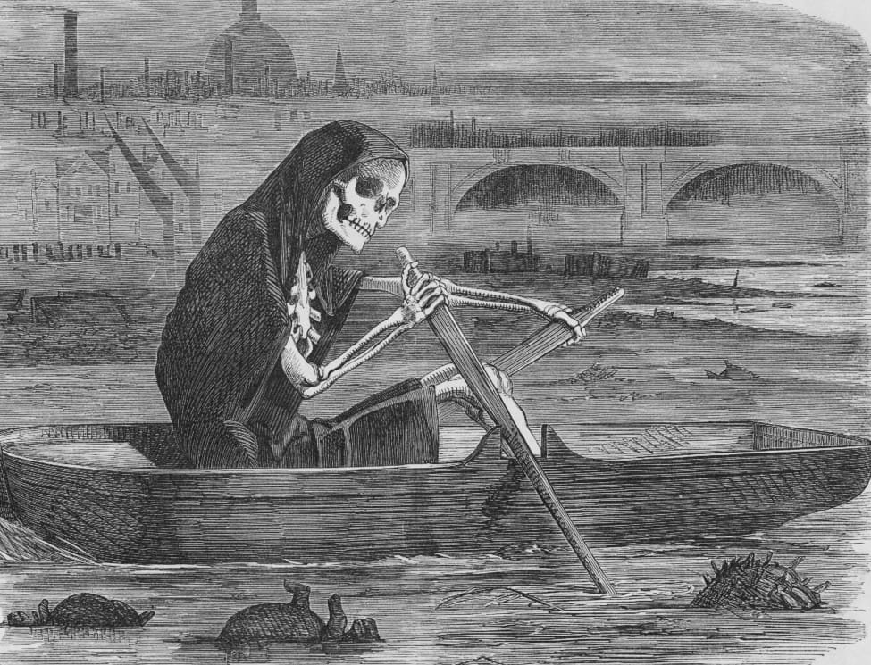 Caricatura de la muerte navegando por el Támesis contaminado durante el Gran Hedor de 1858