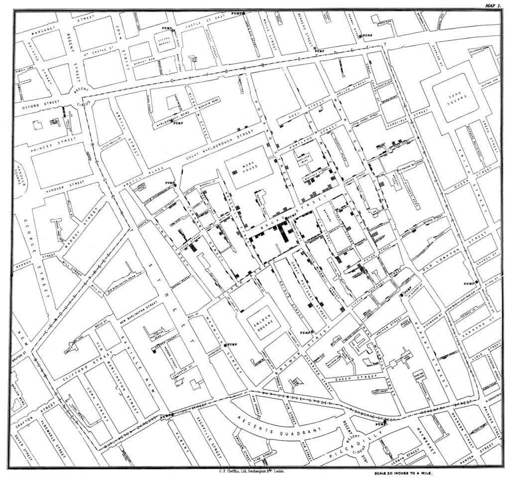 Mapa de John Snow con las muertes por cólera alrededor de la bomba de Broad Street