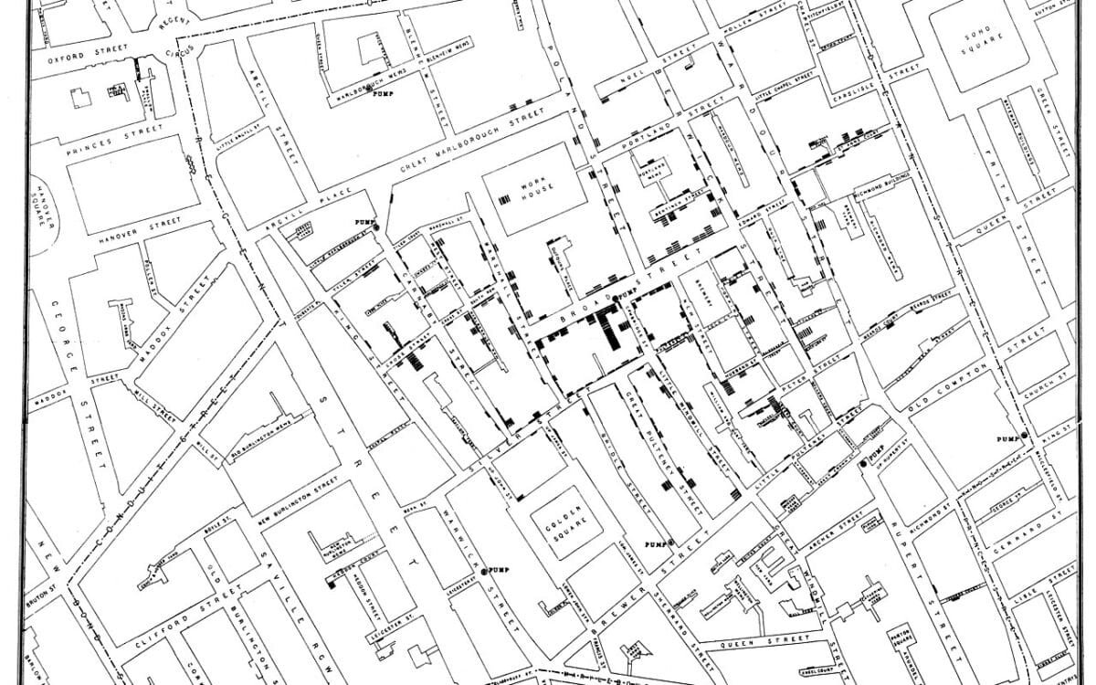 Mapa de John Snow con las muertes por cólera alrededor de la bomba de Broad Street