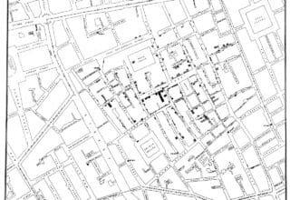 Mapa de John Snow con las muertes por cólera alrededor de la bomba de Broad Street