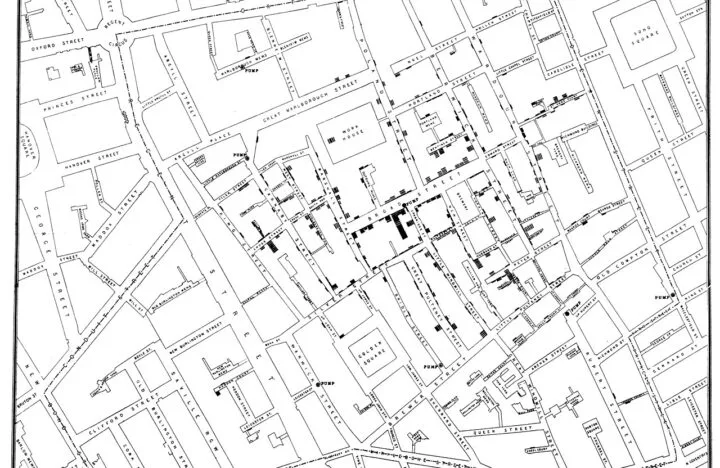 Mapa de John Snow con las muertes por cólera alrededor de la bomba de Broad Street
