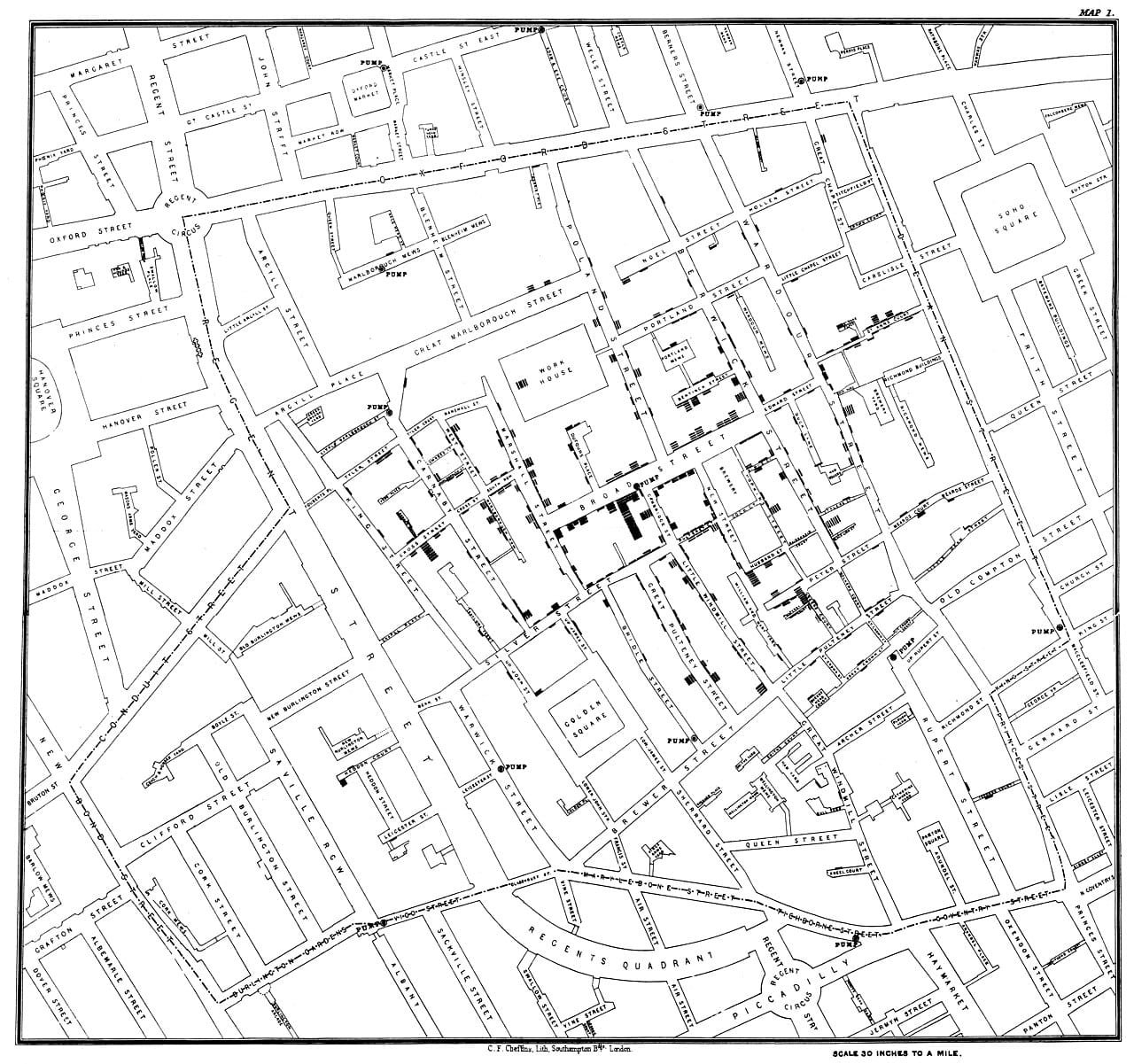 Mapa de John Snow con las muertes por cólera alrededor de la bomba de Broad Street
