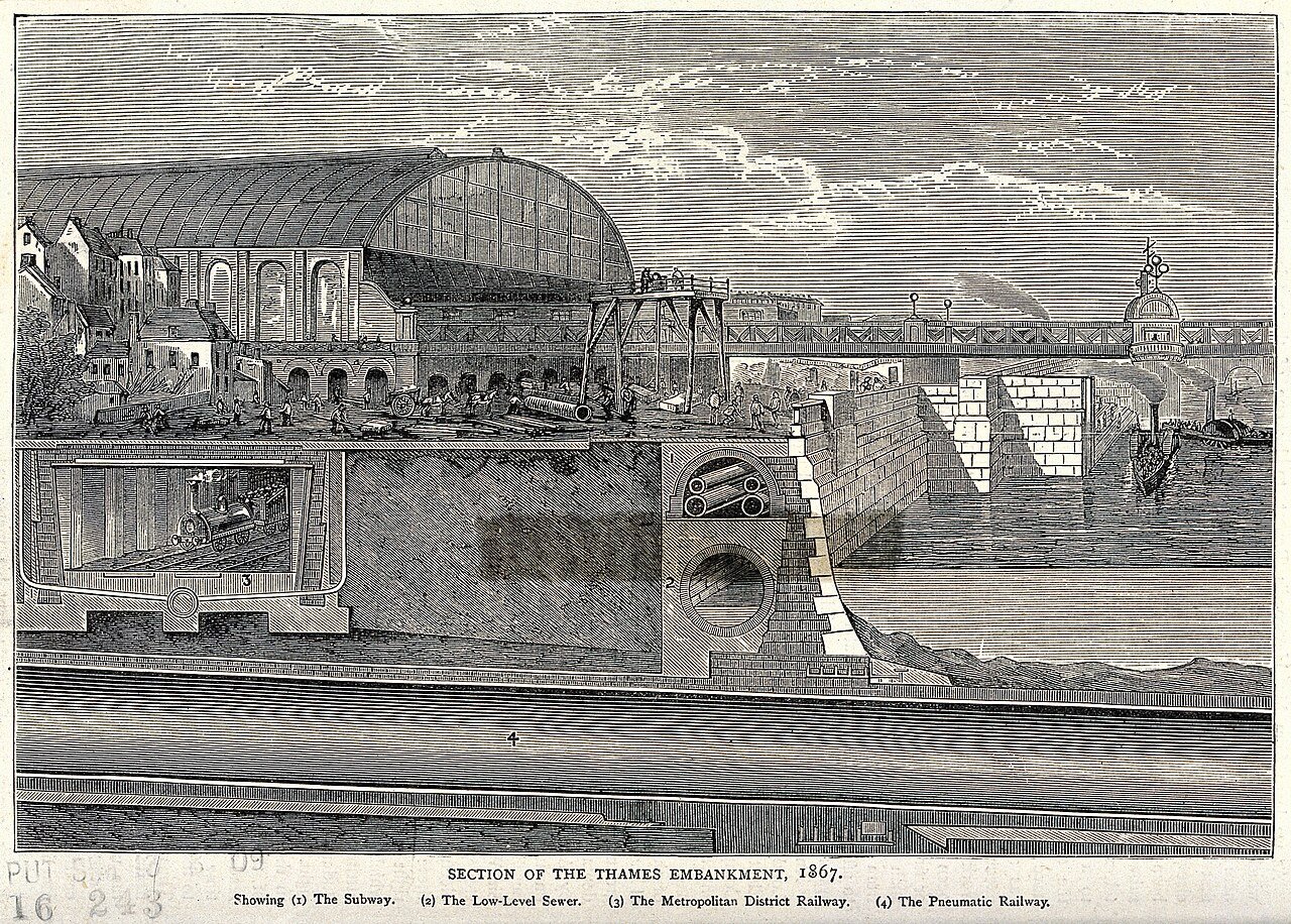 Sección histórica del Thames Embankment en 1867. El número 2 identifica la alcantarilla de nivel bajo.