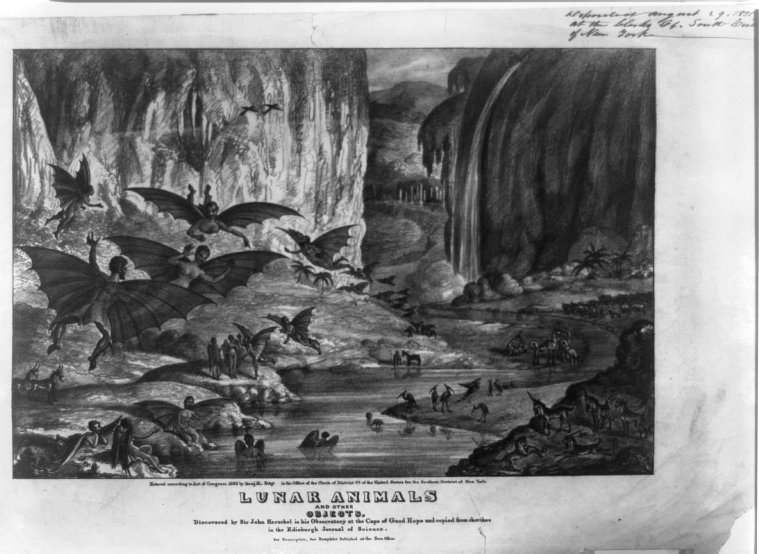 Litografía de criaturas lunares asociada con el Gran Engaño Lunar de 1835
