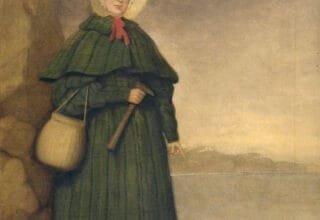 Retrato de Mary Anning con su perro Tray y los acantilados de Dorset
