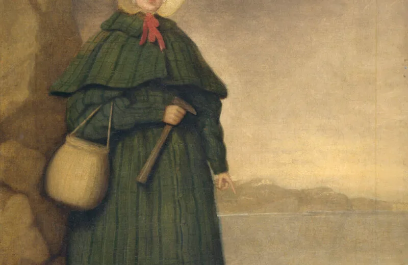 Retrato de Mary Anning con su perro Tray y los acantilados de Dorset