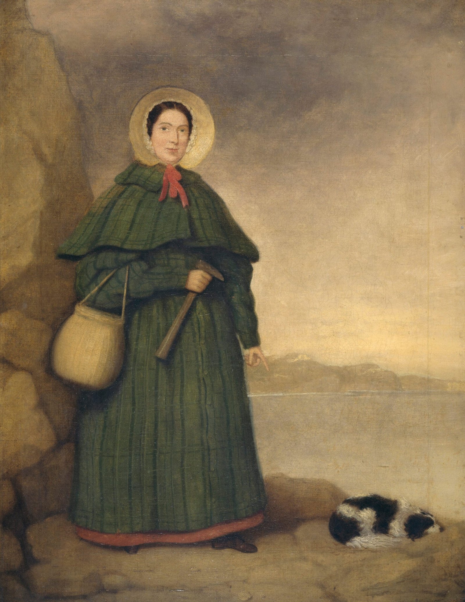 Retrato de Mary Anning con su perro Tray y los acantilados de Dorset